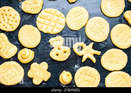 Biscuits faits maison de formes joyeuses faits par un enfant sur la protvina. Un passe-temps familial. Photo de haute qualité Banque D'Images