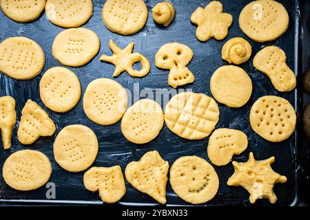 Biscuits faits maison de formes joyeuses faits par un enfant sur la protvina. Un passe-temps familial. Photo de haute qualité Banque D'Images