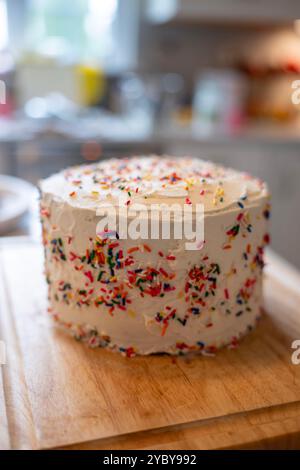 Une couche de gâteau recouverte de saupoudres arc-en-ciel se trouve sur une planche à découper en bois dans une cuisine. Faible profondeur de champ. Banque D'Images