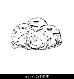 Vecteur monochrome quatre boules de crème glacée illustration d'esquisse dessinée à la main. Dessin de gravure noir et blanc d'élément dessert sucré pour la conception d'étiquette Illustration de Vecteur