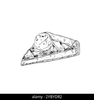Tranche de tarte aux pommes servie avec de la crème glacée sur l'illustration vectorielle supérieure. Graphique fait maison tarte aux fruits dessert monochrome ligne art noir et blanc dessin. Illustration de Vecteur