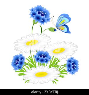 Bleuets bleus et camomilles avec un papillon sur fond blanc. Illustration de Vecteur