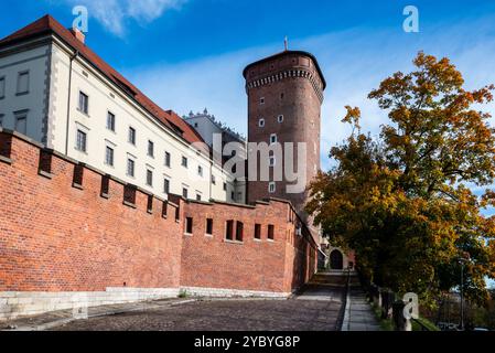 Cracovie, Pologne, octobre 29 2023 mur historique entourant le château de Wawel et la tour près de l'entrée du musée Banque D'Images