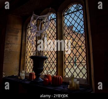 Fenêtre de style gothique décorée de décorations d'Halloween comprenant des citrouilles, des bougies et des toiles d'araignée, créant un cadre atmosphérique sinistre Banque D'Images