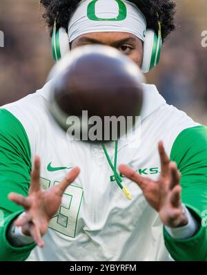 West Lafayette, Indiana, États-Unis. 18 octobre 2024. SIONE LAULEA (13 ans), cornerback de l'Oregon, se réchauffe avant le match de football de la NCAA entre les Ducks de l'Oregon et les Purdue Boilermakers, vendredi 18 octobre 2024, au Ross Ade Stadium de West Lafayette, Ind L'Oregon a gagné 35-0. (Crédit image : © David Wegiel/ZUMA Press Wire) USAGE ÉDITORIAL SEULEMENT! Non destiné à UN USAGE commercial ! Banque D'Images