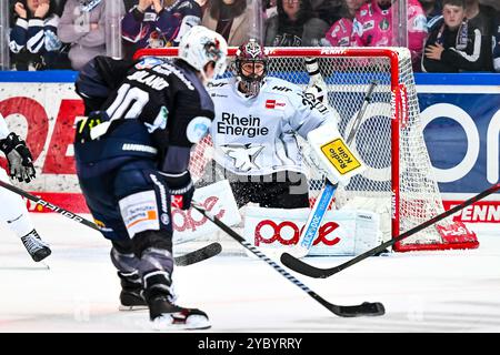 Tyler Boland (Iserlohn Roosters, #10) Julius Hudacek (Koelner haie, #35), GER, Iserlohn Roosters v. Koeler haie, Eishockey, Penny-DEL, 11. Spieltag, Spielzeit 2024/2025, 20.10.2024, Foto : Jonas Brockmann/Eibner-Pressefoto Banque D'Images