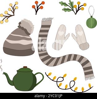 Ensemble avec des éléments d'hiver confortables. Ensemble hygge scandinave avec des éléments chauds et confortables d'hiver isolés sur fond blanc. Illustration de Vecteur