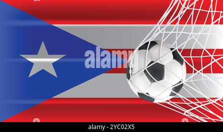 Football ballon de football dans Goal Net isolé sur Porto Rico (US) drapeau ombré, équipement accessoire de sport pour jouer le jeu, Championnat Illustration de Vecteur