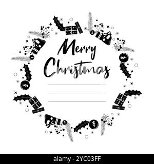 Étiquette d'illustration de cercle de Noël en noir et blanc. Illustration de célébration de doodle de vecteur Illustration de Vecteur