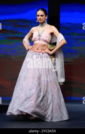 Un mannequin marche sur la rampe pour présenter une collection de créateurs lors du défilé de mode « Shaadiyan » saison 5 à Jaipur, Rajasthan, Inde, le 19 octobre 2024. (Photo de Vishal Bhatnagar/NurPhoto) crédit : NurPhoto SRL/Alamy Live News Banque D'Images