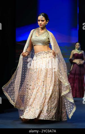 Un mannequin marche sur la rampe pour présenter une collection de créateurs lors du défilé de mode « Shaadiyan » saison 5 à Jaipur, Rajasthan, Inde, le 19 octobre 2024. (Photo de Vishal Bhatnagar/NurPhoto) crédit : NurPhoto SRL/Alamy Live News Banque D'Images