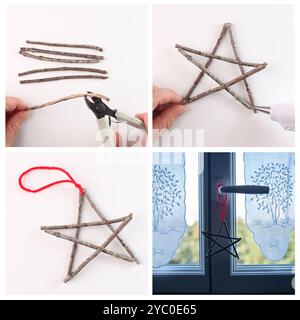 Tutoriel étape par étape pour faire un ornement d'étoile avec des bâtons en bois et de la colle chaude, des instructions pour la décoration de vacances DIY, projet d'artisanat de Noël, PA Banque D'Images