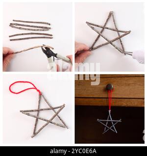 Tutoriel étape par étape pour faire un ornement d'étoile avec des bâtons en bois et de la colle chaude, des instructions pour la décoration de vacances DIY, projet d'artisanat de Noël, PA Banque D'Images
