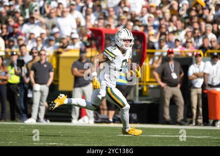 Green Bay, WI, États-Unis. 20 octobre 2024. Christian Watson (9), receveur des Packers de Green Bay, court le ballon contre les Texans de Houston à Green Bay, WI. Kirsten Schmitt/Cal Sport Media. Crédit : csm/Alamy Live News Banque D'Images