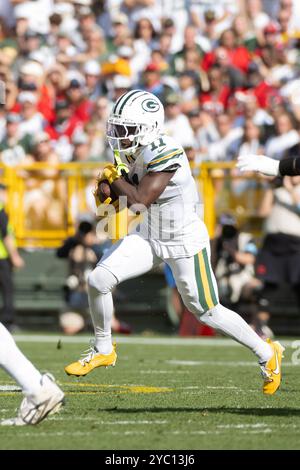 Green Bay, WI, États-Unis. 20 octobre 2024. Le receveur Jayden Reed (11 ans) des Packers de Green Bay dirige le ballon contre les Texans de Houston à Green Bay, WI. Kirsten Schmitt/Cal Sport Media. Crédit : csm/Alamy Live News Banque D'Images