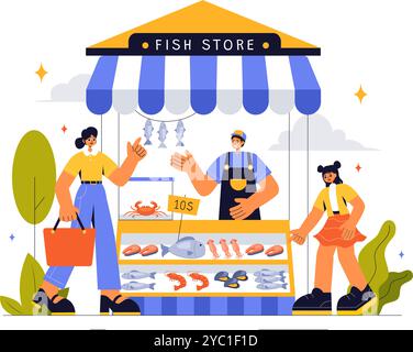 Illustration vectorielle de magasin de poissons mettant en vedette une variété de produits de fruits de mer marins frais et hygiéniques dans un fond de dessin animé de style plat Illustration de Vecteur