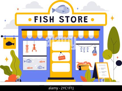 Illustration vectorielle de magasin de poissons mettant en vedette une variété de produits de fruits de mer marins frais et hygiéniques dans un fond de dessin animé de style plat Illustration de Vecteur