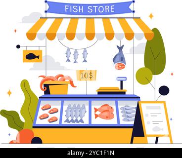 Illustration vectorielle de magasin de poissons mettant en vedette une variété de produits de fruits de mer marins frais et hygiéniques dans un fond de dessin animé de style plat Illustration de Vecteur