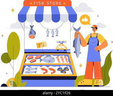 Illustration vectorielle de magasin de poissons mettant en vedette une variété de produits de fruits de mer marins frais et hygiéniques dans un fond de dessin animé de style plat Illustration de Vecteur