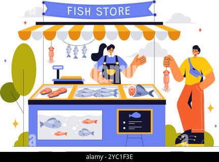 Illustration vectorielle de magasin de poissons mettant en vedette une variété de produits de fruits de mer marins frais et hygiéniques dans un fond de dessin animé de style plat Illustration de Vecteur