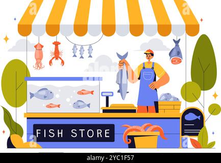 Illustration vectorielle de magasin de poissons mettant en vedette une variété de produits de fruits de mer marins frais et hygiéniques dans un fond de dessin animé de style plat Illustration de Vecteur