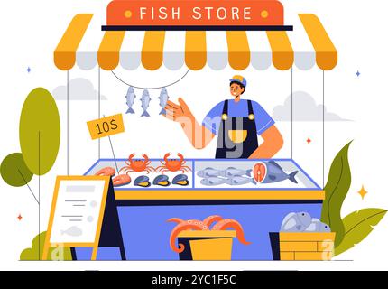 Illustration vectorielle de magasin de poissons mettant en vedette une variété de produits de fruits de mer marins frais et hygiéniques dans un fond de dessin animé de style plat Illustration de Vecteur