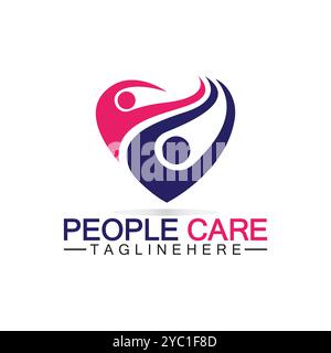 Logo People Care avec conception de symbole de coeur et de personne. Logo Love and Care for Charity et les personnes de soutien Illustration de Vecteur
