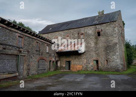 Les ruines d'un bâtiment industriel abandonné montrent de la pierre et de la brique en ruines, avec des fenêtres arborées et du lierre grimpant à la surface, évoquant un sentiment de d Banque D'Images