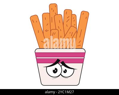 Frites frites cuites de pommes de terre chips American Street food mascotte emoji personnage Exsusted Eyes expression icône de conception Illustration de Vecteur