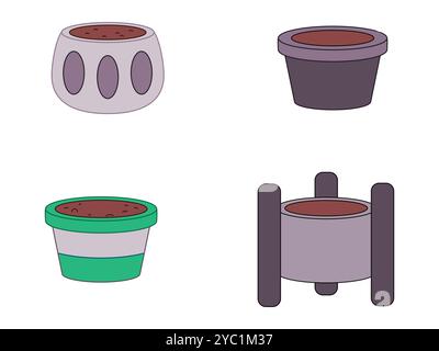 Pots de fleurs pot de poterie pot Flora place planter équipement de jardinage céramique argile plastique élément de conception icône ensemble collection Illustration de Vecteur