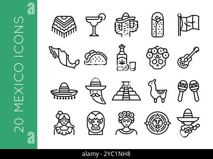 Jeu d'icônes Mexique Illustration de Vecteur