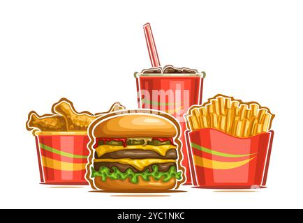 Vector Fast Food logo, affiche horizontale avec composition de dessin animé de gros hamburger, frites dorées rôties et cuisses de poulet de buffle chaud, déco Illustration de Vecteur