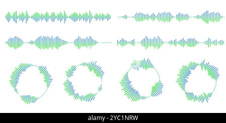 Ensemble d'icônes d'ondulation circulaire. Cercles concentriques avec lignes interrompues isolés sur fond blanc. Vortex, onde de sonar, onde sonore, onde solaire, signaux de signal Illustration de Vecteur