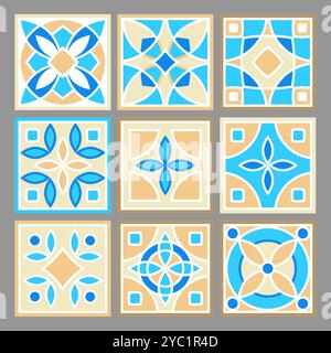 Ensemble de vecteur dessin à la main motif de carreaux de céramique carrés. Motif patchwork orné. Carreaux de sol et de mur dans différents motifs en bleu marine Illustration de Vecteur