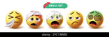 Jeu vectoriel de personnages malades emoji. Émoticône et emojis maladie comme éternuements, grippe, fièvre, faible, étourdissement et bandage 3d visage collection de personnages. Vecteur Illustration de Vecteur