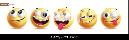 Jeu vectoriel de personnages coquins emoji. Emojis personnage d'émoticône 3d dans la collection d'expression faciale heureuse, clin d'œil, grossière, stupide et insensée en blanc Illustration de Vecteur