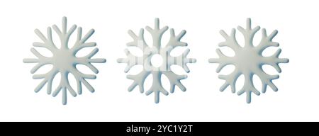 Définissez le style de dessin animé de flocons de neige blancs et bleus 3d sur fond transparent. Motif de Noël. Style minimaliste, adapté aux conceptions de vacances, cartes, ou Illustration de Vecteur