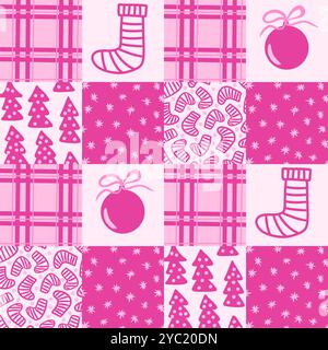 Motif sans couture dessiné à la main avec des boules de bas scandinaves pastel rose. Cadeaux de Noël nouvel an flocons de neige sur damier vérifie le fond. motif bébé fille motif célébration hivernale Banque D'Images