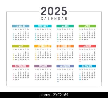 Année 2025 calendrier coloré américain sur fond blanc, les semaines commencent dimanche, calendrier vectoriel USA en anglais Illustration de Vecteur