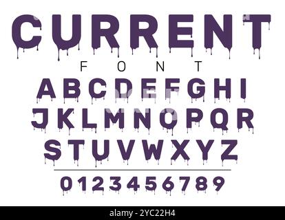 Lettrage liquide. Fonte des polices. Gouttes goutte à goutte alphabet. Conception de lettres et de chiffres. Liquide visqueux ABC. Typographie d'effets artistiques. Texte majuscule fla Illustration de Vecteur