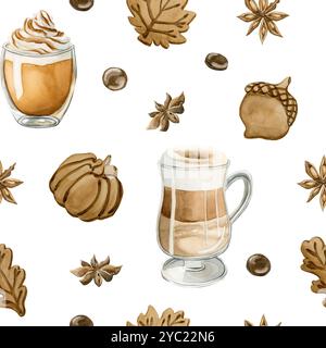 Latte Macchiato au café, latte à la citrouille et biscuits aux feuilles d'automne. Motif sans couture d'aquarelle sur fond blanc pour la conception de boulangerie alimentaire, Banque D'Images