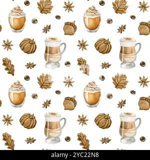 Latte Macchiato au café, latte à la citrouille et biscuits aux feuilles d'automne. Motif sans couture d'aquarelle sur fond blanc pour la conception de boulangerie alimentaire, Banque D'Images