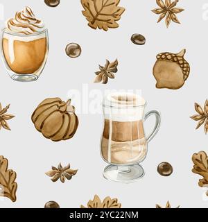 Latte Macchiato au café, latte à la citrouille et biscuits aux feuilles d'automne. Motif sans couture d'aquarelle sur fond bleu pour la conception de boulangerie alimentaire, k Banque D'Images