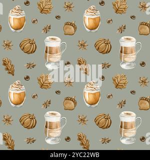 Latte Macchiato au café, latte à la citrouille et biscuits aux feuilles d'automne. Motif sans couture d'aquarelle sur fond vert de sauge pour la boulangerie alimentaire des Banque D'Images