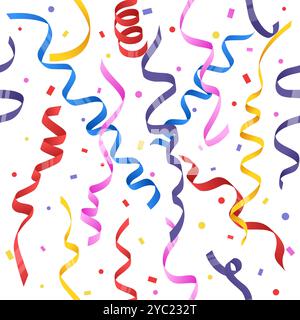 Rubans enroulés motif sans couture serpentin. Confettis couleur fête des fêtes. Impression répétée. Guirlande de carnaval brillante. Félicitations festives. Cèle d'anniversaire Illustration de Vecteur