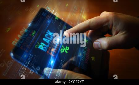 Promotion vendredi noir symbole de vente concept de technologie mobile. Signe abstrait sur les écrans de glitch dans l'illustration 3d de la main. Banque D'Images