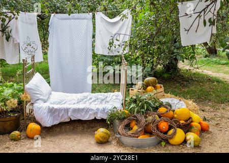 Lit en fer et linge de lit. Draps blancs accrochés à une corde dans le jardin. Citrouilles sur le sol. Installation d'automne dans le jardin. Banque D'Images