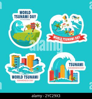 Global tsunami Awareness social Media Label dans une illustration de style dessin animé plat Illustration de Vecteur