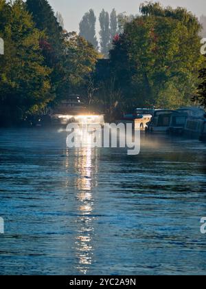 Une péniche amarrée par la Tamise à Abingdon, reflétant le soleil bas par un matin d'automne brumeux. Abingdon prétend être la plus ancienne ville d'Angleterre, et la Tamise traverse son cœur. Si vous faites une promenade en rivière ou du jogging la plupart des jours, vous pouvez souvent attraper des moments transitoires merveilleux et des effets de lumière comme celui-ci. Banque D'Images