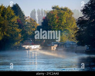 Une péniche amarrée par la Tamise à Abingdon, reflétant le soleil bas par un matin d'automne brumeux. Abingdon prétend être la plus ancienne ville d'Angleterre, et la Tamise traverse son cœur. Si vous faites une promenade en rivière ou du jogging la plupart des jours, vous pouvez souvent attraper des moments transitoires merveilleux et des effets de lumière comme celui-ci. Banque D'Images